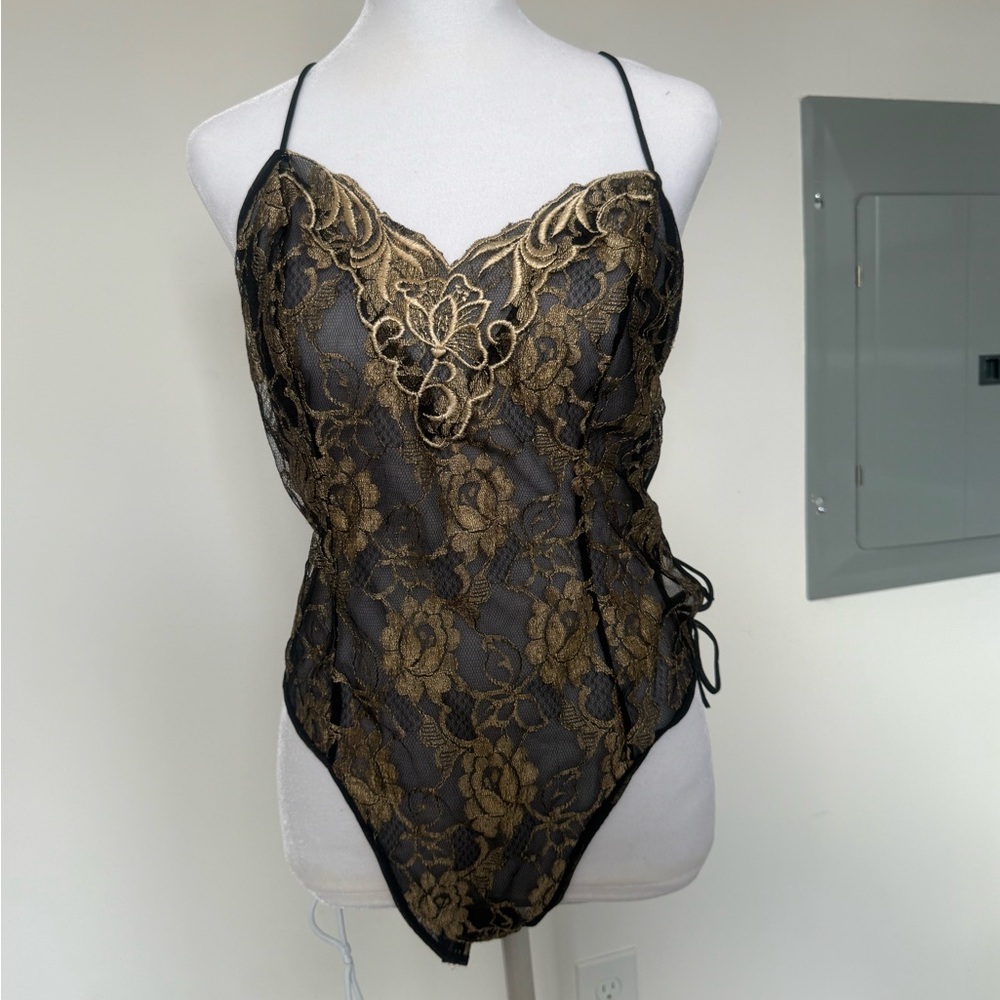 Vtg Delicates Intimates 80s Lace Teddy Bodysuit Snap Closure Medium